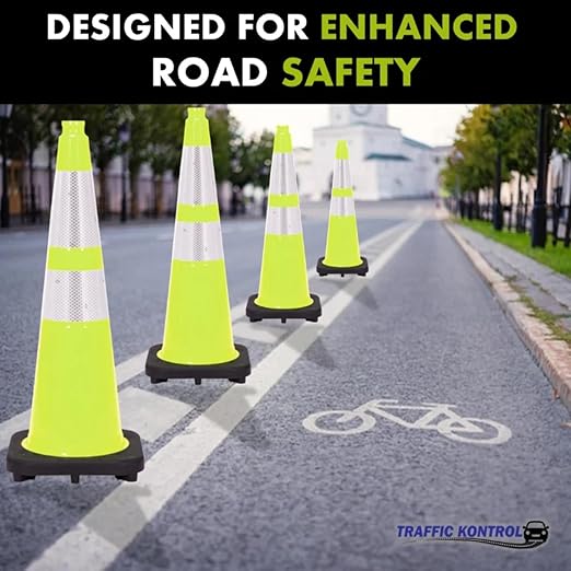 3 Pack 28" Inch Lime Traffic Safety Cones with Dual Reflective Collars - High Visibility Industrial Pylons Traffic Cones for Road, Parking Lots, Driving, Construction