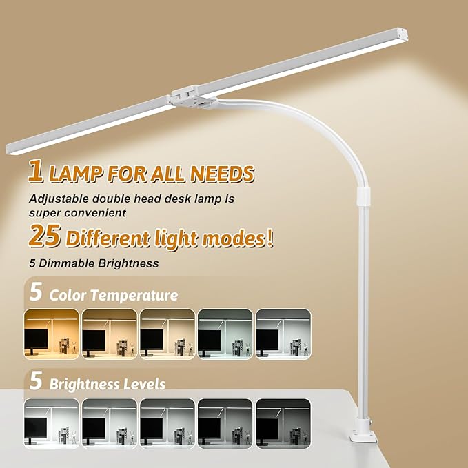 Double Head LED Desk Lamp with Remote Control for Home Office 24W Brightest Computer Desk Light for Workbench Drafting Architect Study Reading with Clamp and Base