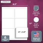 NextDayLabels – 4" x 3-1/3" Rectangular Sticker Labels for Printer - White Laser/Inkjet Printer Labels Return Address Labels Shipping Label Stickers (1000 Sheets, 6 Per Sheet, 6000 Labels)