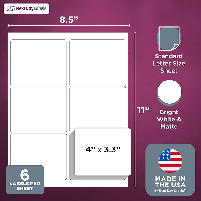 NextDayLabels – 4" x 3-1/3" Rectangular Sticker Labels for Printer - White Laser/Inkjet Printer Labels Return Address Labels Shipping Label Stickers (1000 Sheets, 6 Per Sheet, 6000 Labels)