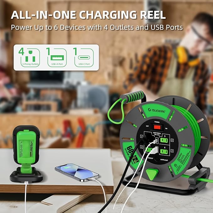 60 FT Retractable Extension Cord Reel, 14AWG SJTOW Heavy Duty Power Cord with 4 Grounded Outlets, USB-A & USB-C Ports, 13A Circuit Breaker, Hand Crank for Indoor Outdoor Use, ETL Listed, Green