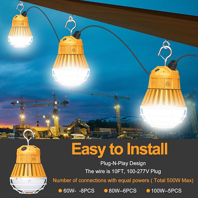 LED Construction Lights, Adjustable 60W/48W/36W Work Lights 5700K/5000K/4500K, AC100-277V - Linkable Industrial Indoor/Outdoor Job Site Workshop Construction Garage Lighting