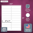 NextDayLabels – 4” x 1" Rectangular Sticker Labels for Printer - White Laser/Inkjet Printer Labels Return Address Labels Shipping Label Stickers (1000 Sheets, 20 Per Sheet, 20000 Labels)