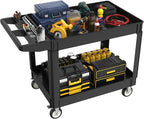 2 Tier Plastic Rolling Cart Utility Cart on Wheels, Heavy Duty Tool Carts with Ergonomic Storage Handle and Deep Shelfs, Work Cart Service Carts for Garage, Warehouse, Workshop, Office, Cleaning