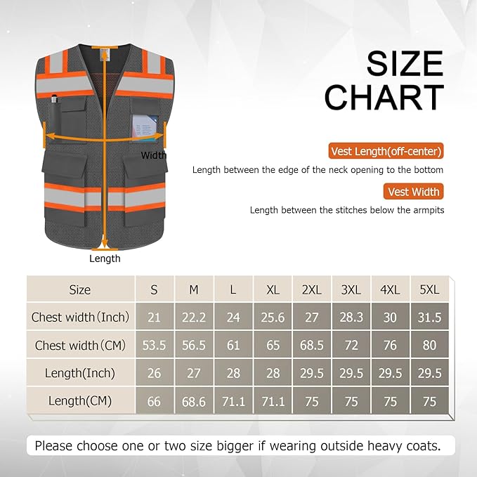 TCCFCCT Reflective Safety Vest 5 Pockets Mesh High Visibility Vest for Men Women, Hi Vis Construction Work Vest with Fluorescent Orange Edge, Durable with Reinforced Sewing, Meet ANSI/ISEA, DW-Grey, S