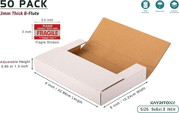50 Pack 9x6x1.3 inch Mailing Boxes, Multi-Depth CD DVD Corrugated Cardboard Boxes with Fragile Stickers for Shipping, Storing, Package, Business or Home, White