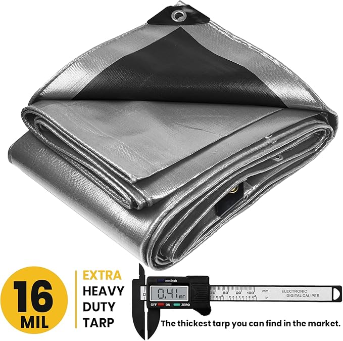PROTARP Extra Heavy Duty 16 Mil Tarp Cover, Waterproof, UV Resistant, Rip and Tear Proof, Poly Tarpaulin with Reinforced Edges for Roof, Camping, Patio, Pool, Boat. (Silver/Black 6′ X 8′)