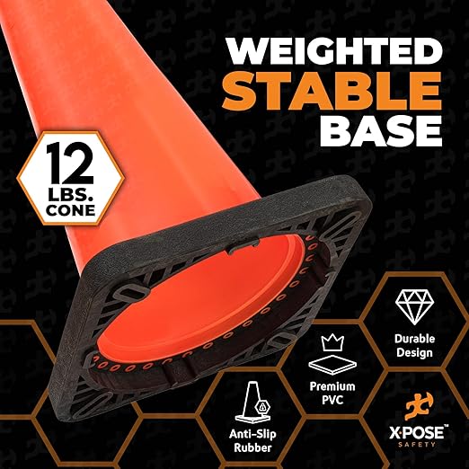 Xpose Safety 36 Inch Orange Traffic Cones Heavy Duty 12lb, 1-Pack - Multipurpose PVC Plastic Safety Cone for Parking, Soccer, Caution, Kids and Construction - DOT Approved