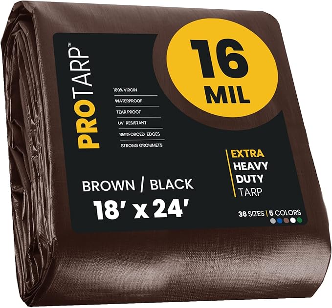 PROTARP Extra Heavy Duty 16 Mil Tarp Cover, Waterproof, UV Resistant, Rip and Tear Proof, Poly Tarpaulin with Reinforced Edges for Roof, Camping, Patio, Pool, Boat. (Brown/Black 18′ X 24′)