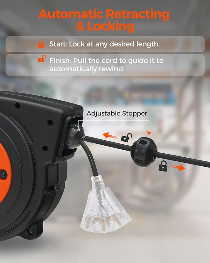 Retractable Extension Cord Reel, 50 FT Heavy Duty Power Cord, 14AWG/3C SJTOW, 3 Grounded Outlets Lighted Triple Tap, 13 Amp Circuit Breaker, UL Listed, Orange B50CR06
