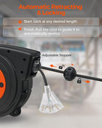 Retractable Extension Cord Reel, 50 FT Heavy Duty Power Cord, 14AWG/3C SJTOW, 3 Grounded Outlets Lighted Triple Tap, 13 Amp Circuit Breaker, UL Listed, Orange B50CR06