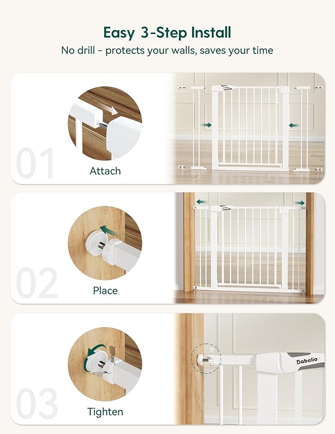 Babelio Baby Gate for Doorways and Stairs, Auto Close Dog Gate, Easy Install Pressure Mounted, fits for Narrow and Wide Doorway, Safety Gate Door for Child and Pet (White, 36" Tall 29"-43" Wide)