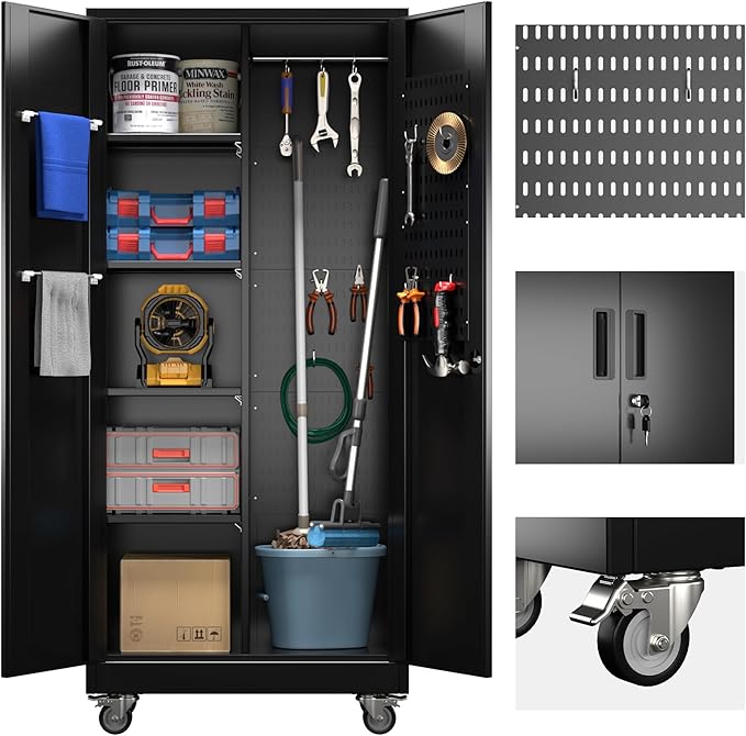 SUXXAN Broom Closet Storage Cabinet with13 Hooks and Hanging Rods, 71" Heavy Duty Cleaning Cabinet for Garage, Laundry Room