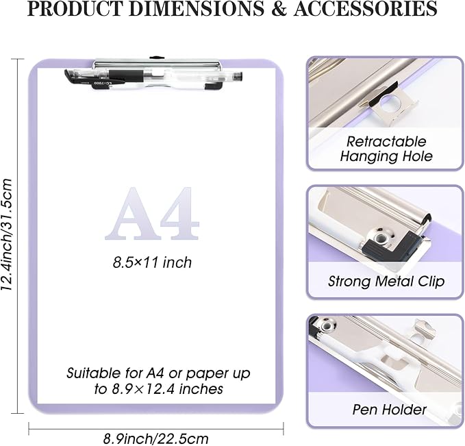 2 PCS Purple Clipboard with Pen Holder,Standard A4 Letter Size,Nursing Clip Boards 8.5x11 Heavy Duty,Low Profile Clipboards for Women Kids Teacher,School Office Home