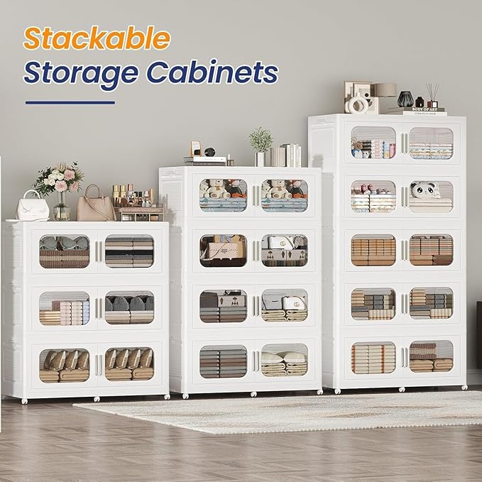 1000QT Large Stackable Storage Bins with Lid, 250Gal Plastic Collapsible Closet Organizers Drawers Box with Wheels, Folding Cabinet Containers with Doors for Home Kitchen Office, 5Pack White