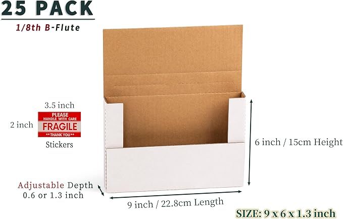 9x6x1.3 inch Small Shipping Boxes, Multi-Depth Flat Cardboard Boxes with Fragile Stickers for DVD Shipping, Packing, Moving, Storage, White, 25 Pack