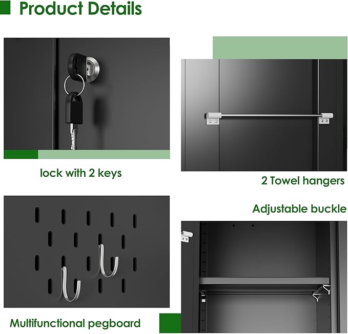 71.37" H Broom Closet Storage Cabinet with Towel Hangles and Adjustable Shelves,Metal Tool Cabinets with Pegboard and Hooks for Garage Laundry Room Home Office,Required Assembly,Black