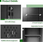 Broom Closet Storage Cabinet with 5 Pegboard, Hanging Rod &13 Hooks, Utility Metal Garage Storage Cabinets with Doors and 4 Shelves for Garage Home Office, Black,71.4" H x 31.5" W x 15.7" D