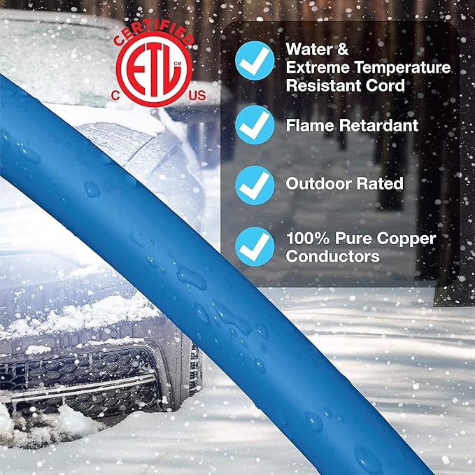 Clear Power 100 ft 14/3 SJTW -50°C Extreme Cold Weather Outdoor Indoor Extension Cord, Blue, Grounded Plug and Lighted Connector, Ideal for Snow Blowers and Power Tools, DCOC-0078-DC