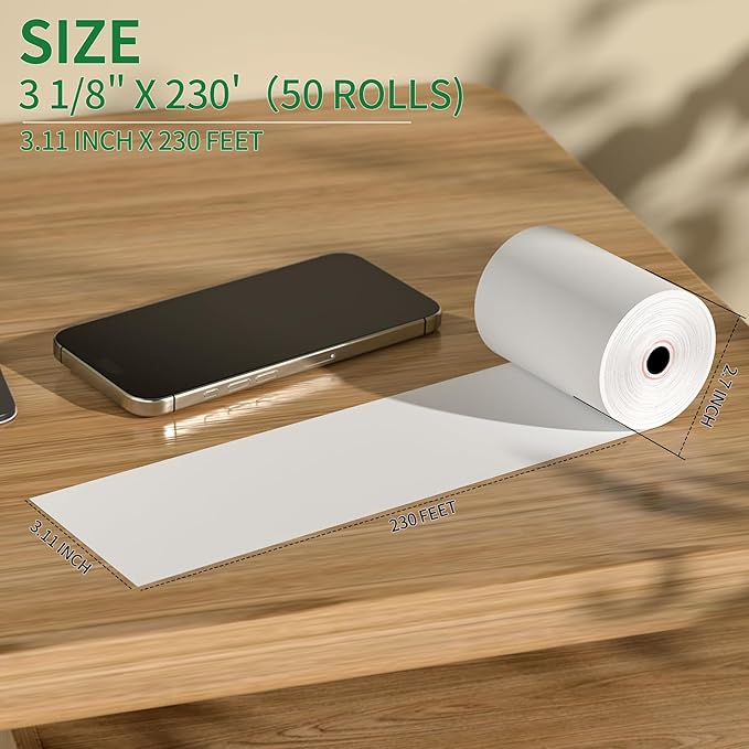 (50 Rolls) 3 1/8" x 230' Thermal Receipt Paper Rolls, Cash Register POS Thermal Paper, Credit Card Rolls Thermal 3 1/8 in x 230 ft.