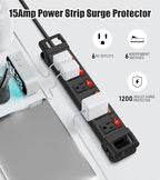 Heavy Duty Power Strip,6 Outlets Metal Power Strip with Individual Switch & Cord Management,Mountable Surge Protector 1200J,6FT Extension Cord(Black,6 FT)
