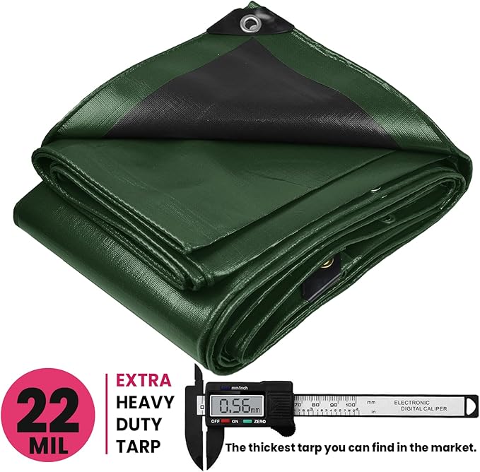 PROTARP Extreme Heavy Duty 22 Mil Tarp Cover, Waterproof, UV Resistant, Rip and Tear Proof, Poly Tarpaulin with Reinforced Edges for Roof, Camping, Patio, Pool, Boat. (Green/Black 40′ X 40′)