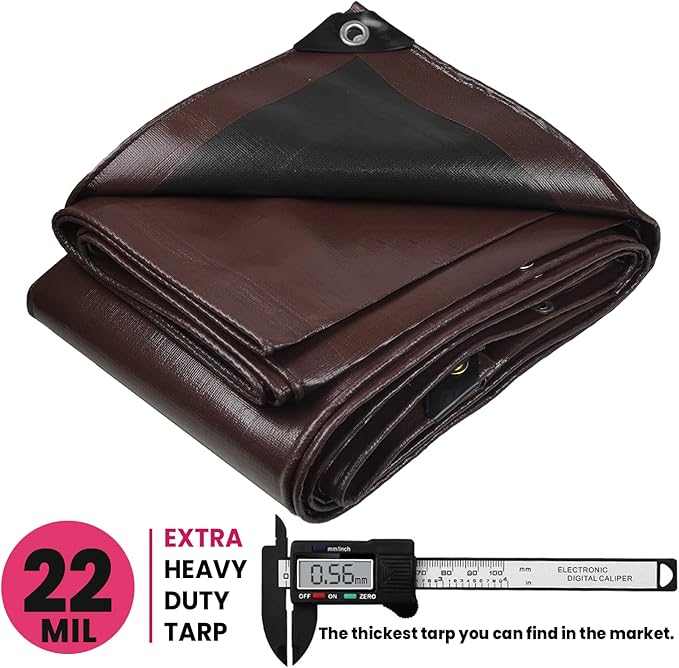 PROTARP Extreme Heavy Duty 22 Mil Tarp Cover, Waterproof, UV Resistant, Rip and Tear Proof, Poly Tarpaulin with Reinforced Edges for Roof, Camping, Patio, Pool, Boat. (Brown/Black 20′ X 20′)