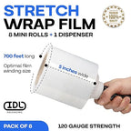 IDL Packaging 5" Stretch Wrap Mini Roll, 700 feet, 120 Gauge (Pack of 8) with a Plastic Handle Included – Industrial Grade Clear Plastic Wrap – Improved Protection for Packing, Moving, or Office