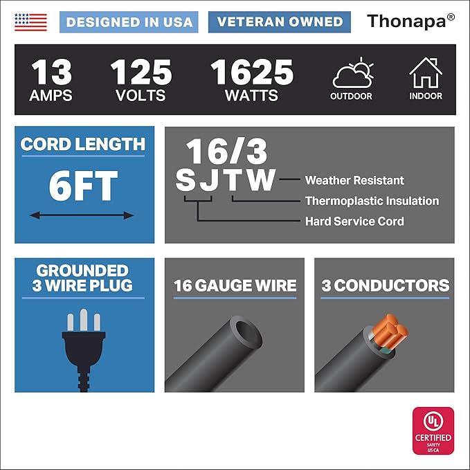 13 Amp Outdoor Extension Cord 6 ft, 2 Pack, 16/3 SJTW 6 Foot Black Extension Cord 3 Prong Multi Pack, Weatherproof ExteriorPower Cable for Outdoor Lights, Landscaping, Lawn, UL Certified