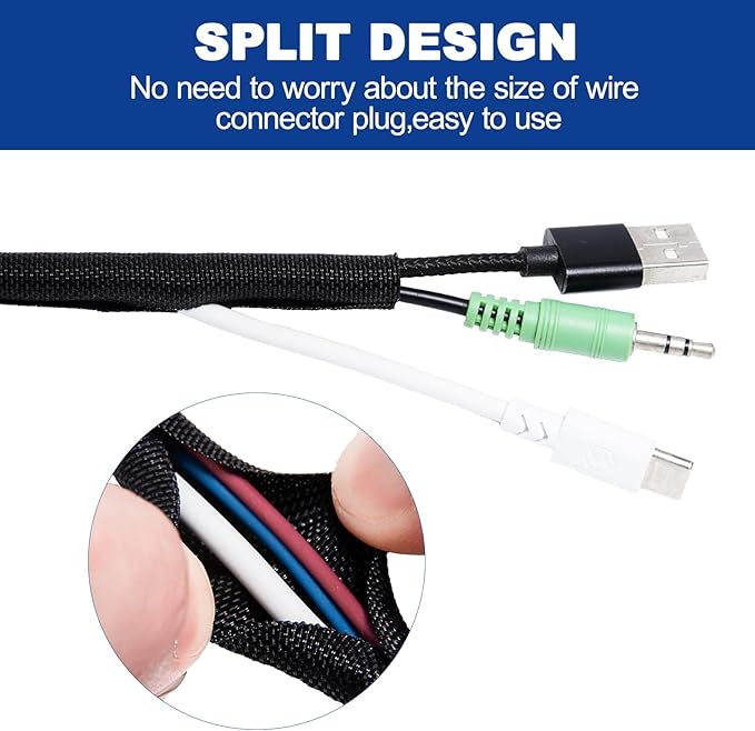Split-Sleeve Wire Loom for High-Temperature Automotive Harness and Home Cable Management, 25ft - 5/16 inch Braided Cable Management Sleeve Cord Protect, Self-Wrapping Split Wire Loom
