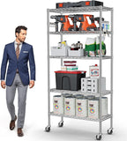 YNN Storage Shelves,1750Lbs 5 Tier Heavy Duty Metal Rolling Shelving Unit with Wheels & 8 Hooks, Adjustable Garage Wire Rack for Kitchen, Bathroom,Industrial,Pantry(36" W x 14" D x 72" H, Chrome)