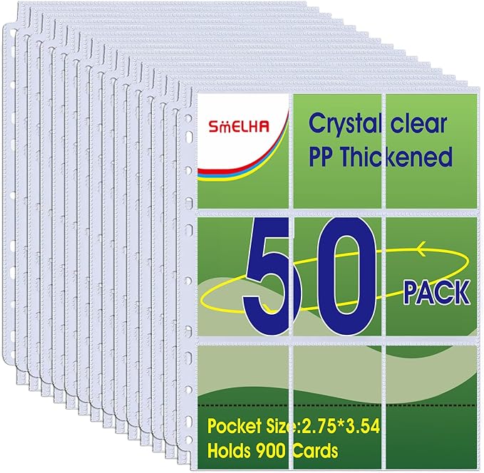 50 Pack,9 Pocket Page Protector, Trading Card Sleeve, Baseball Card Sheets or Skylanders, MTG, Coupon, Game Cards, Trading Cards, Football Cards