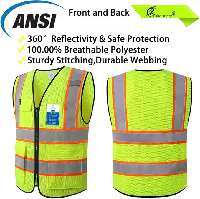 Reflective Mesh Safety Vest for Men Women with 5 Pockets and Zipper Front High Visibility Mesh Vest Hi Vis Construction Work Vest,Meets ANSI/ISEA Standards(EK175-Yellow-M)