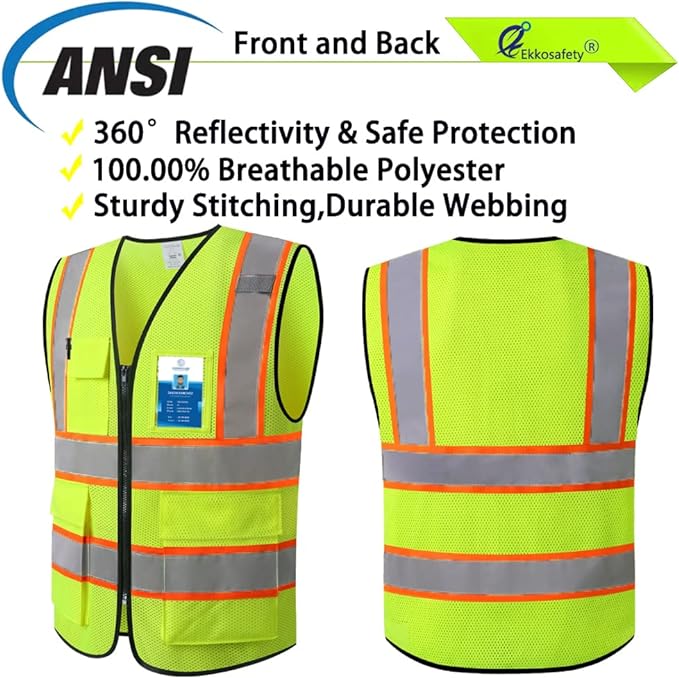 Reflective Mesh Safety Vest for Men Women with 5 Pockets and Zipper Front High Visibility Mesh Vest Hi Vis Construction Work Vest,Meets ANSI/ISEA Standards(EK175-Yellow-3XL-1)
