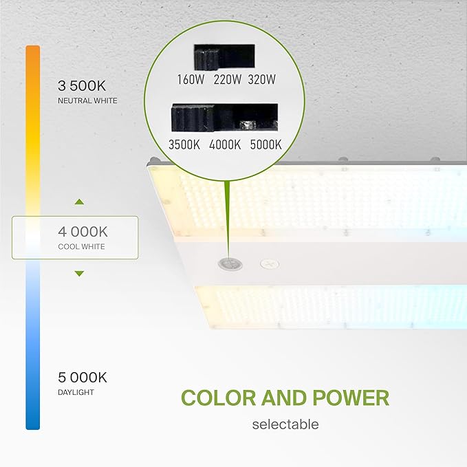 ASD LED Linear High Bay Light Fixture, Commercial Shop Lighting | 3CCT, Dimmable, Power Adjustable, DLC Premium, UL Listed | 320W 52000LM 3500-5000K 100-277V | Warehouse, Garage, Workshop Lamp | White