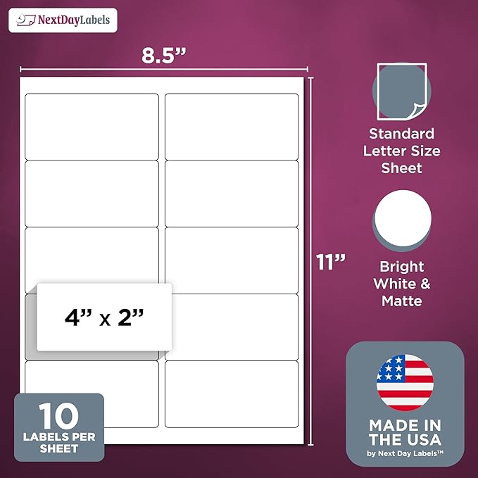 NextDayLabels – 4” x 2” Rectangular Sticker Labels for Printer - White Laser/Inkjet Printer Labels Return Address Labels Shipping Label Stickers (25 Sheets, 10 Per Sheet, 250 Labels)