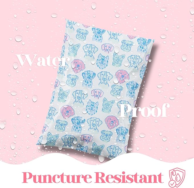 14.5x19 Designer Poly Mailer 100 Pack Heavy Duty Waterproof Self Seal Shipping Bags for Small Business Large Mailing Envelopes Bulk Tear Resistant Packaging Pretty Pups Puppy Dogs