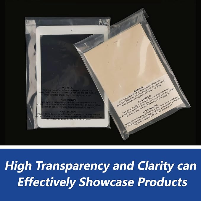 iMailer - 200 Count - 13" x 15" Clear Plastic Poly Bags with Suffocation Warning for Clothing, T-Shirts, Pants-Resealable Adhesive,Not Strong