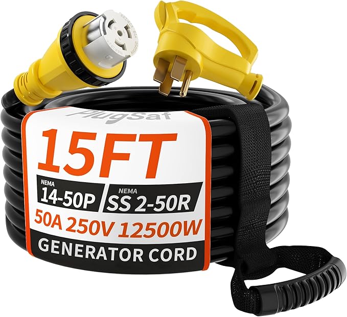 50 Amp Generator Cord, 15FT 50 Amp RV Extension Cord with Twist Lock, Generator Cable 50A 4 Prong Yellow, NEMA 14-50P/SS2-50R Heavy Duty STW Wire for RV Camper & House