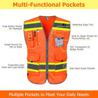 TCCFCCT Safety Vest 9 Pockets High Visibility Reflective Safety Vest for Men Women, Hi Vis Work Vest with Fluorescent Yellow Extend Edge for Workers, Surveyors, Meets ANSI/ISEA, (DB-Orange, 3X-Large)
