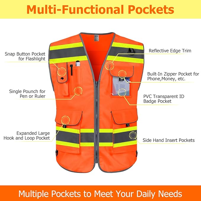 TCCFCCT Safety Vest for Men Women 9 Pockets High Visibility Vest with Fluorescent Yellow Extend Edge, Reflective Work Vest for Surveyor, Durable & Breathable, Meets ANSI/ISEA, (DB-Orange, Large)