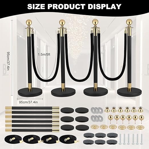 4 PCS Stainless Steel Stanchion Post,5 Ft Black Velvet Ropes and Stanchion Poles Set Crowd Control Barriers with Fillable Base Used for Party Wedding Theaters Red Carpet