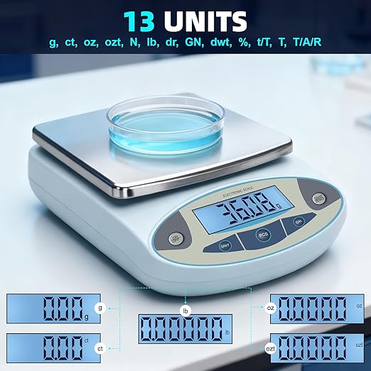 Lab Scale 3000g x 0.01g,13 Unit 0.01g Accuracy High Precision Digital Analytical Balance, Electronic Laboratory Precision Gram Scale Digital Kitchen/Jewelry/Scientific Scale