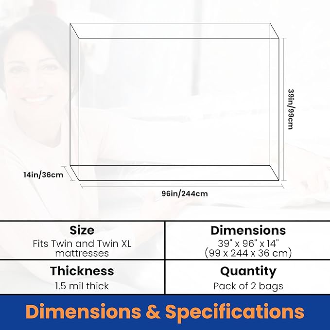 VICMORE Twin Mattress Bags 2-Pack - Heavy Duty Mattress Protector for Moving & Storage, 1.5 Mil Thick Plastic Covers, Tear-Resistant Dustproof, Fits Twin/Twin XL