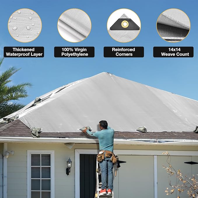 Tarp 16x20 Feet 14 Mil Heavy Duty Waterproof Tarp, Large Multipurpose Cover with Brass Grommets and Reinforced Edges, UV Resistant Thick Poly Tarps for Outdoor Camping Tent Pool Car