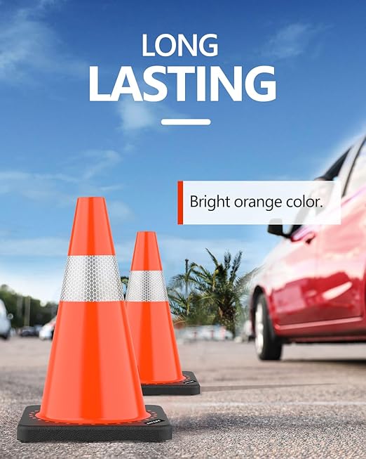 (4 Pack) BATTIFE Traffic Cones 18 Inch with Black Weighted Base, PVC Orange Cone for Traffic Control,Construction Events, Driveway Road Parking Lot