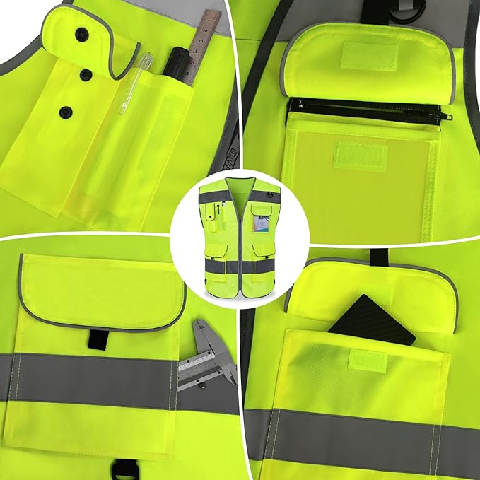 TCCFCCT High Visibility Safety Vest for Men Women 9 Pockets Hi Vis Reflective Vest for Safety, Work Vest with Reflective Strips, Meets ANSI/ISEA Standards, (Yellow, 4X-Large)