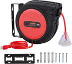 VEVOR Retractable Extension Cord Reel, 65 FT, Heavy Duty 12AWG/3C SJTOW Retractable Power Cord with Lighted Triple Tap Outlet, 15 Amp Circuit Breaker 180° Swivel Bracket for Ceiling or Wall Mount