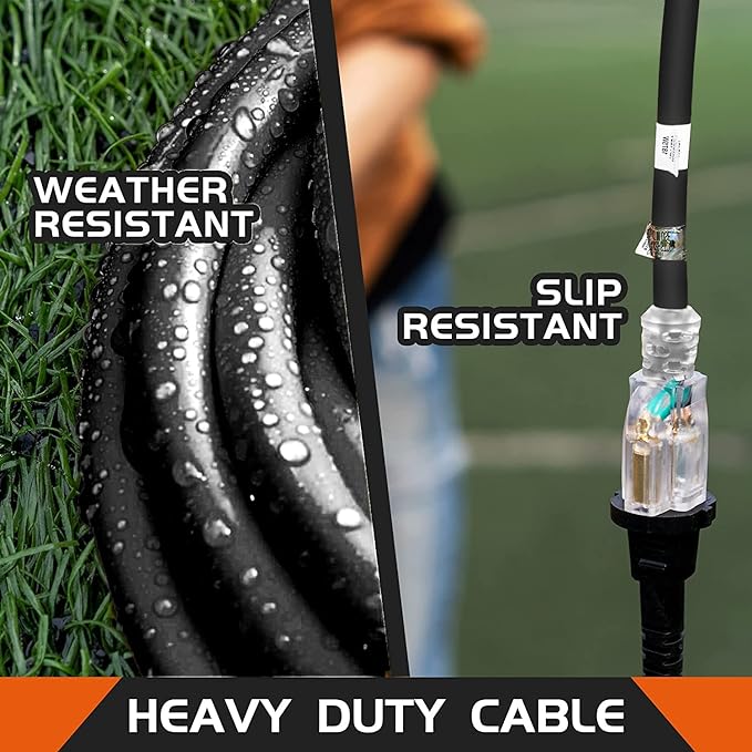 3-Outlets Indoor Outdoor Extension Cord Weatherproof with Lighted End, UL Listed, 12 Gauge 40FT Black 3 Prong Heavy Duty, 12/3 SJTW 15A Power Cord