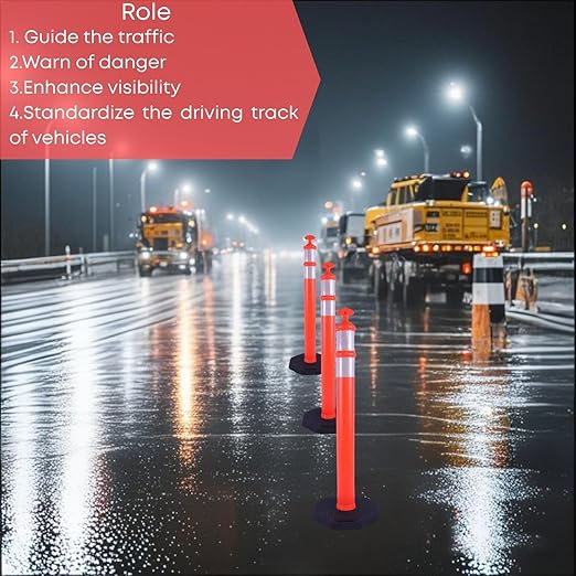 Reflective Rubber Base Traffic Delineator Post - Heavy-Duty Safety Bollards for Parking Lot Markers, Road Construction, Driveway Warning - with Reflective Strips (3 Pack - 42 Inch)